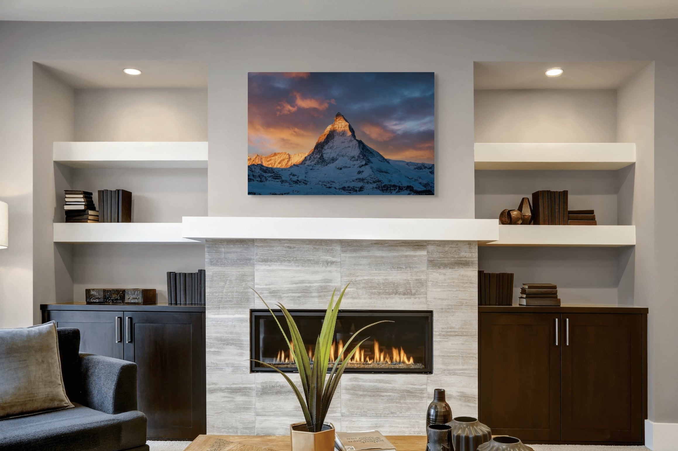 Intimate 36" Matterhorn alpenglow print by Sherry Keene in a Scandinavian-inspired fireside space