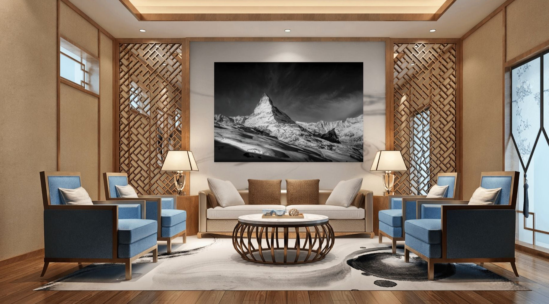 Black and white fine art photograph of the Matterhorn captured from the Gornergrat train, showing early morning light on alpine peaks; limited edition by Keene Fine Art.
