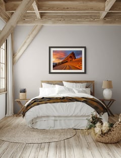 Soundcheck framed above the bed in a bright timber-beamed bedroom. Shown at 36 x 24 inches. (thumbnail 7)