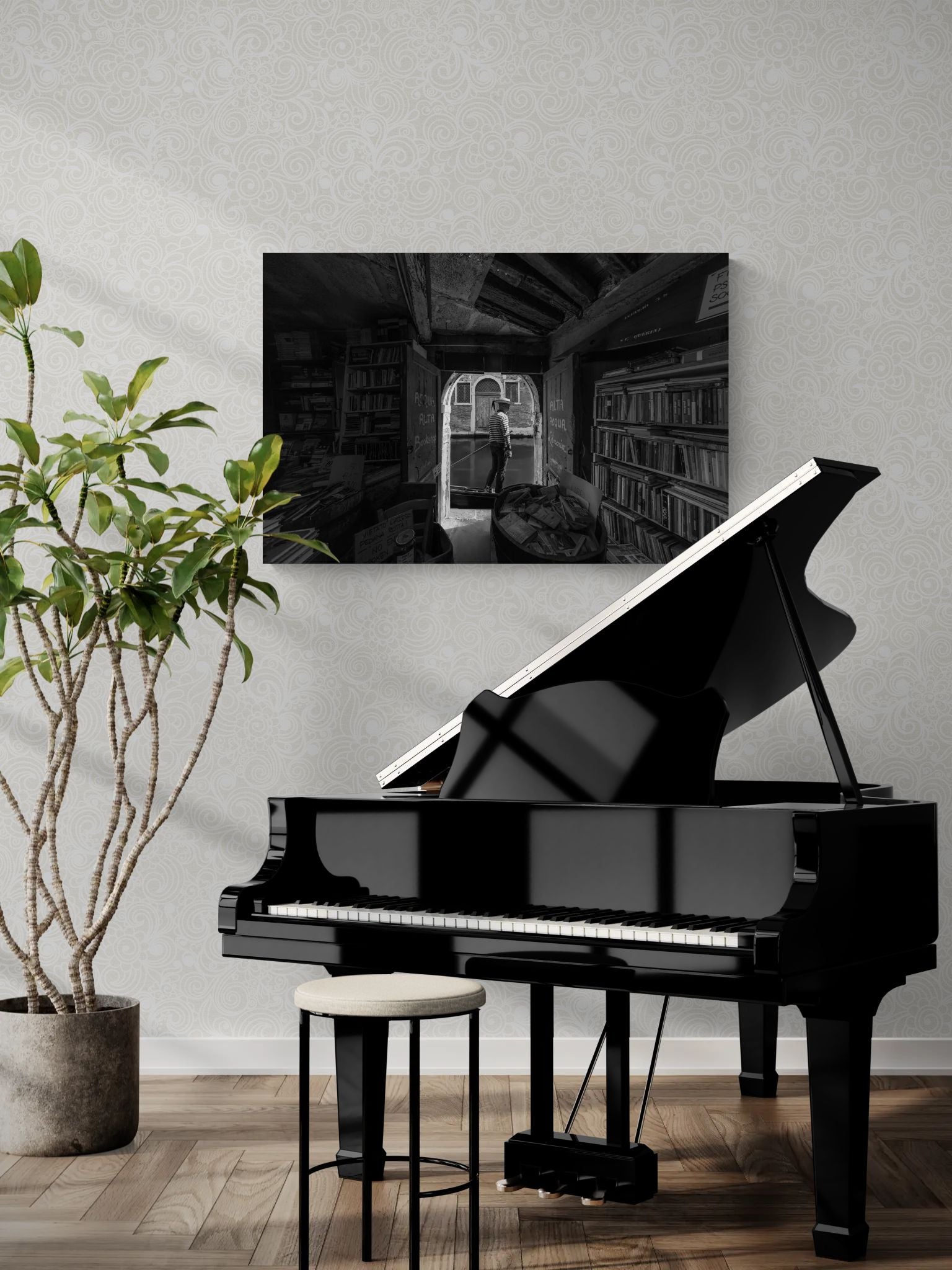 A framed Keene Fine Art photograph hung above a grand piano in a light-filled room