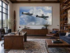V for Victory! by Sherry Keene, two Spitfires in formation, above a walnut credenza in a mid-century aviation study. (thumbnail 1)