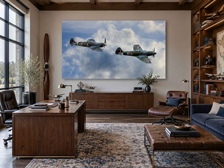 V for Victory! by Sherry Keene, two Spitfires in formation, above a walnut credenza in a mid-century aviation study.