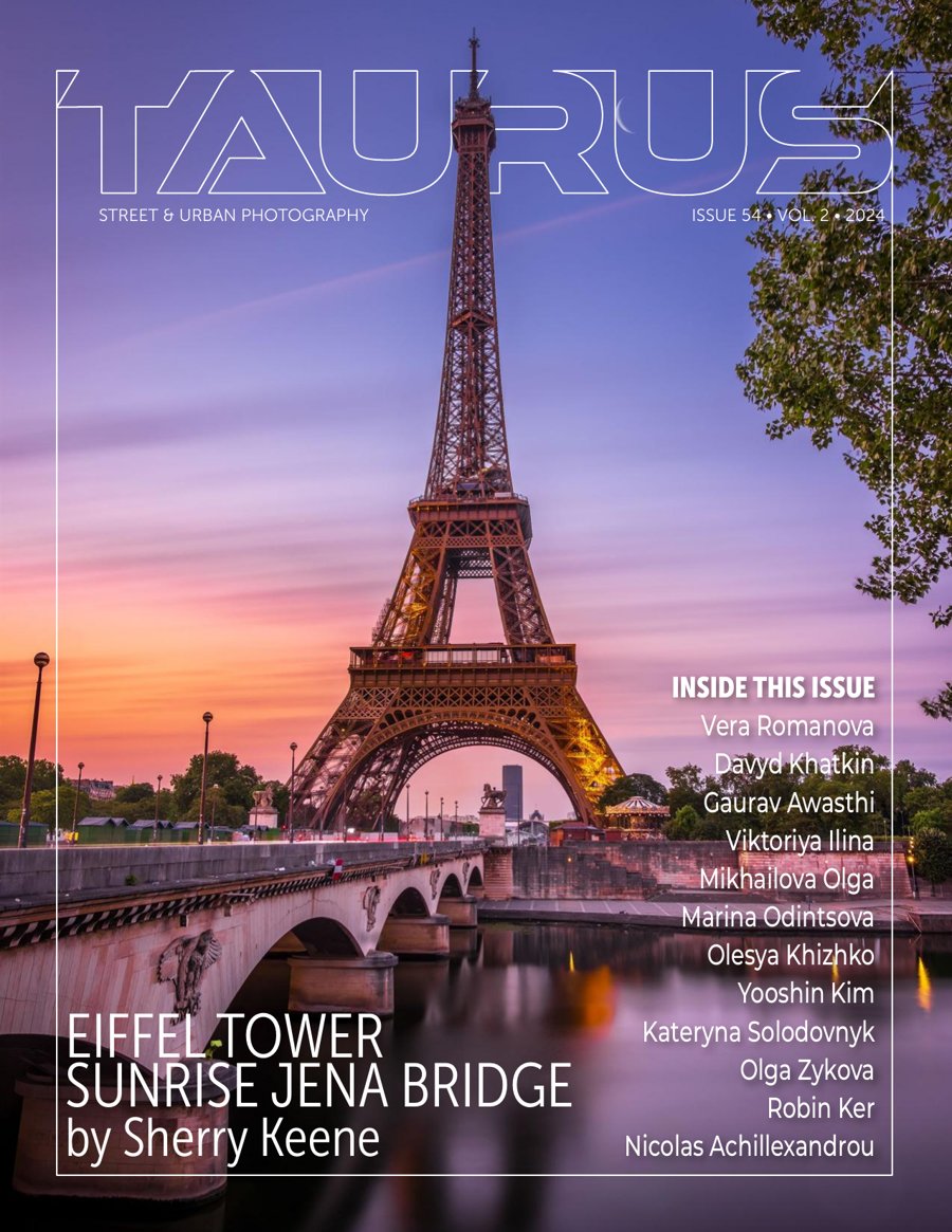 Taurus Street and Urban Photography Issue 54 front cover, Eiffel Tower Sunrise Jena Bridge by Sherry Keene