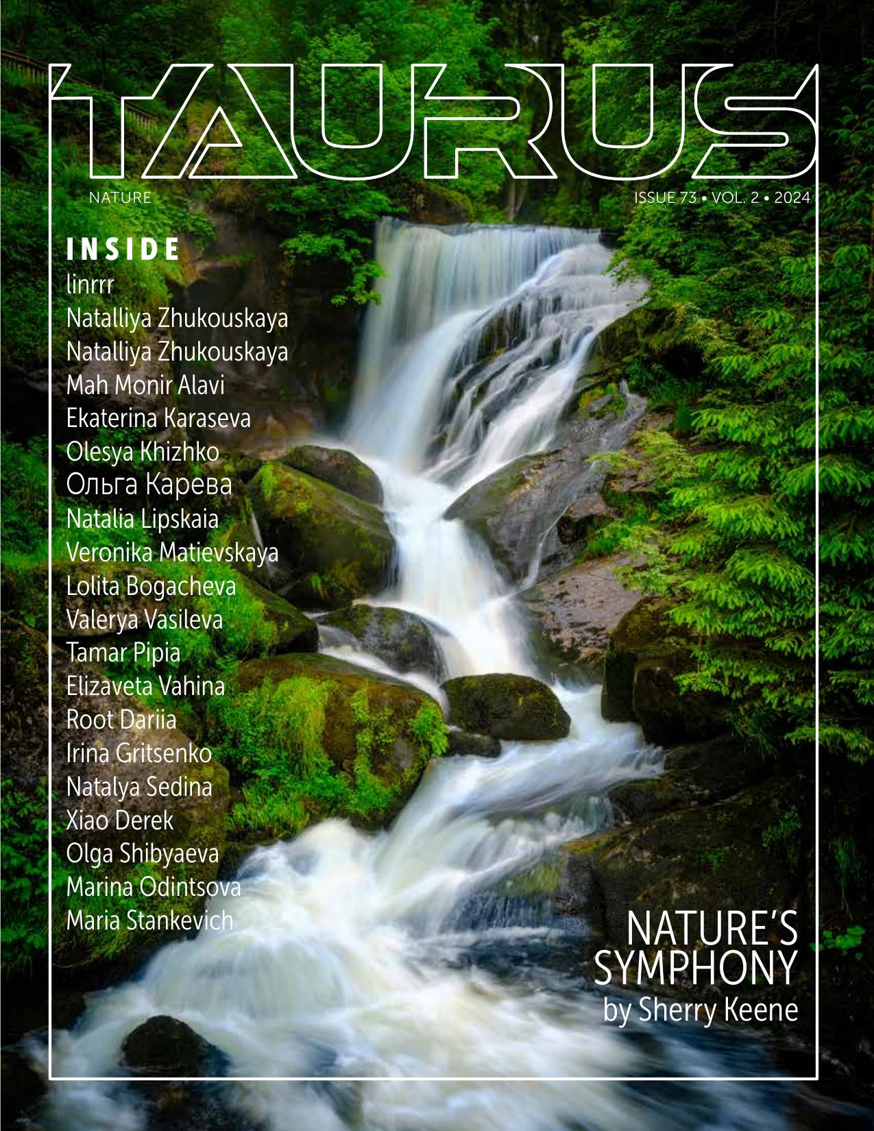Taurus Nature Issue 73 front cover, Nature's Symphony by Sherry Keene, a waterfall in a green forest
