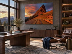 Soundcheck displayed in an executive office with walnut desk and mountain views at sunset. Shown at 60 x 40 inches. (thumbnail 5)