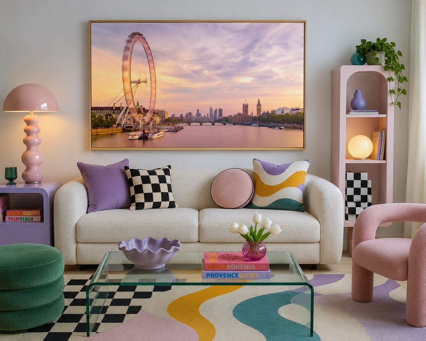 Soft Power by Sherry Keene shown as a large gold framed London Eye and Westminster print in an avant basic pastel living room with lilac and pink furniture, checkerboard cushions and a squiggle rug.