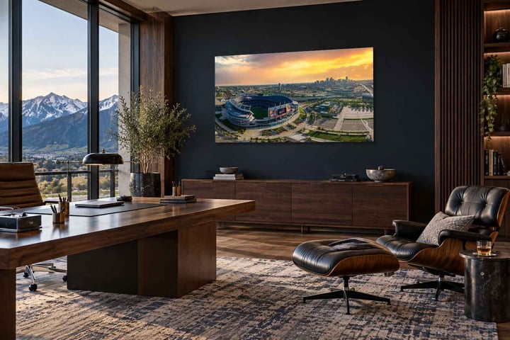 Mile High by Sherry Keene, an aerial Denver stadium Colorado sunrise photograph displayed in an executive office with mountain views. Shown at 60 x 33.75 inches.