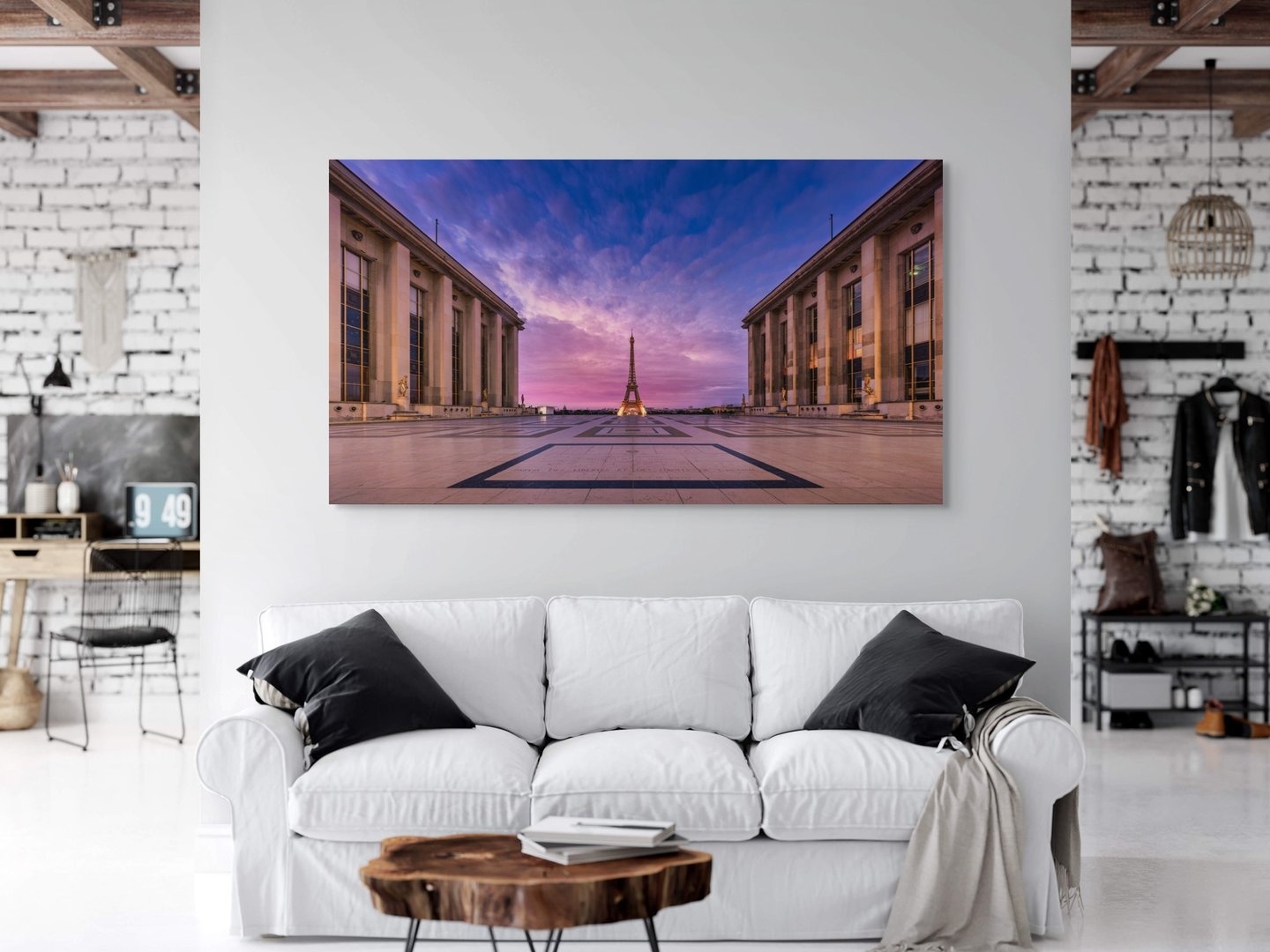 The Promise of Dawn, panoramic Eiffel Tower photograph by Sherry Keene, shown as a large fine art print in a collector interior.