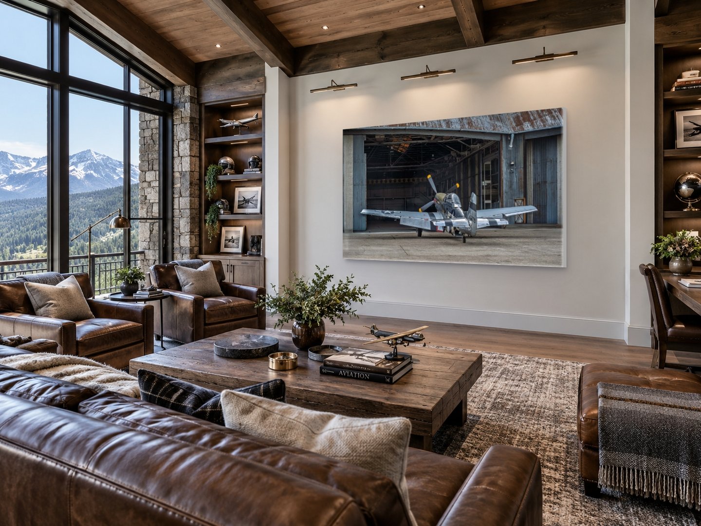 Rollout shown as a monumental warbird photography print on a wide feature wall.
