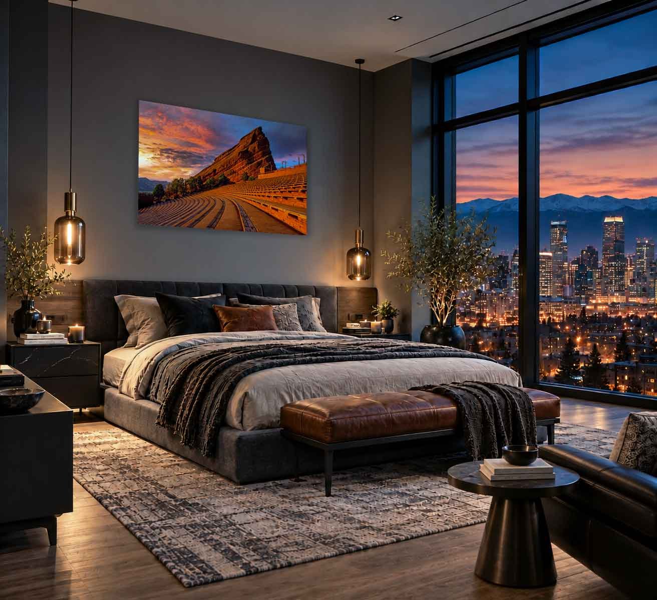 Soundcheck above the bed in a moody bedroom overlooking the Denver skyline and mountains at dusk. Shown at 36 x 24 inches.