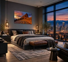 Soundcheck above the bed in a moody bedroom overlooking the Denver skyline and mountains at dusk. Shown at 36 x 24 inches. (thumbnail 1)