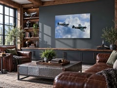 V for Victory! shown as a 60 inch print in a leather lounge study with aviation models on the shelves. (thumbnail 2)