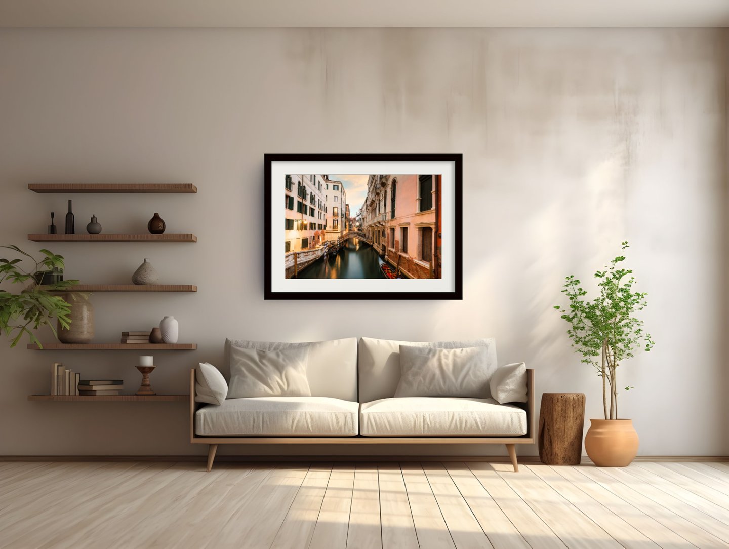Passing Moment Venetian canal print by Sherry Keene framed in a black frame above a cream sofa in a contemporary living room.