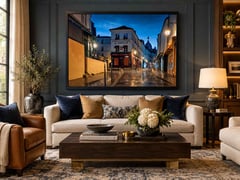 Off the Clock framed in a charcoal paneled living room above a cream sofa with navy and gold cushions. (thumbnail 1)