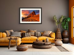 Soundcheck framed above an ochre sofa in a warm living room. Shown at 45 x 30 inches. (thumbnail 6)