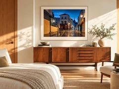 Off the Clock framed and matted above a walnut mid-century credenza in a sunlit bedroom. (thumbnail 6)