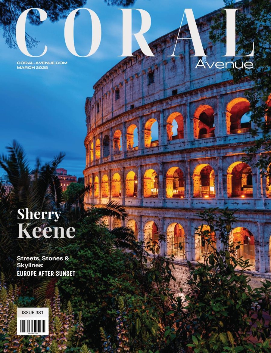 Coral Avenue Issue 381 front cover featuring the Colosseum in Rome at blue hour, photographed by Sherry Keene