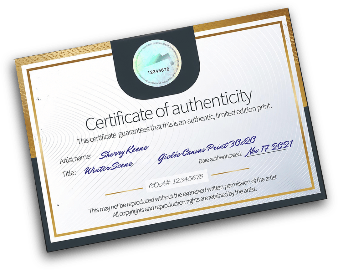 Certificate of Authenticity for a Sherry Keene limited edition fine art photograph, signed by the artist and numbered with a unique COA number and hologram seal, verifying an authentic human-made photographic print, not AI-generated.