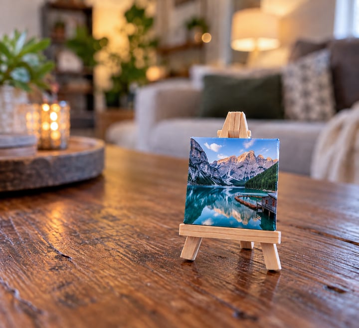 A tiny alpine lake print on a miniature wooden easel, dwarfed on a coffee table in a living room