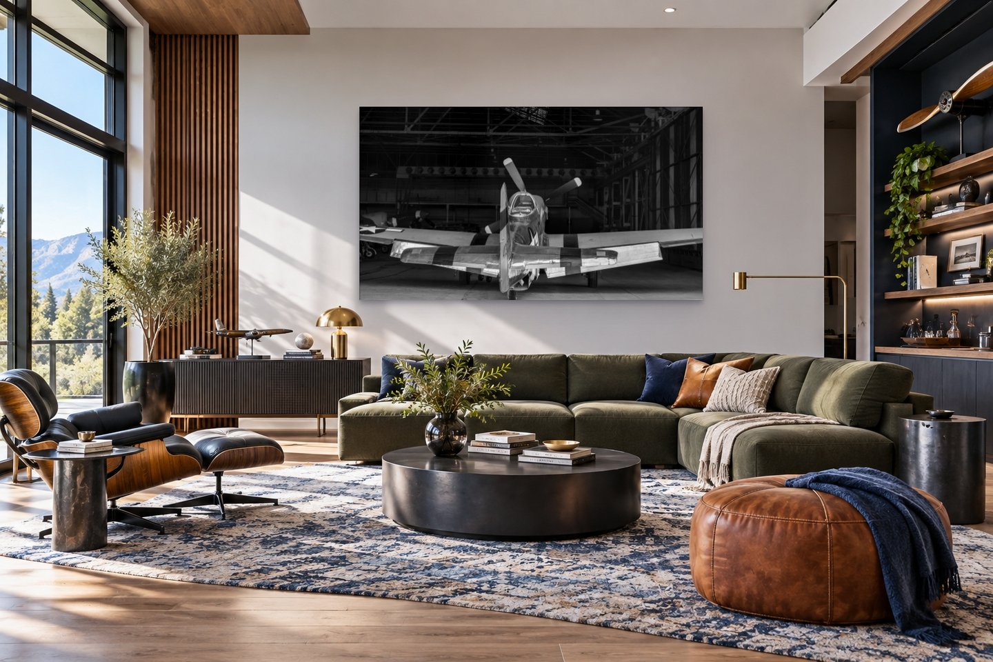 Presence by Sherry Keene, a P-51D Mustang photograph displayed as large aviation art in a modern collector interior.