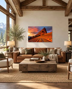 Soundcheck by Sherry Keene, Red Rocks Amphitheatre at sunrise, above a leather sofa in a mountain living room with timber beams. Shown at 45 x 30 inches. (thumbnail 2)