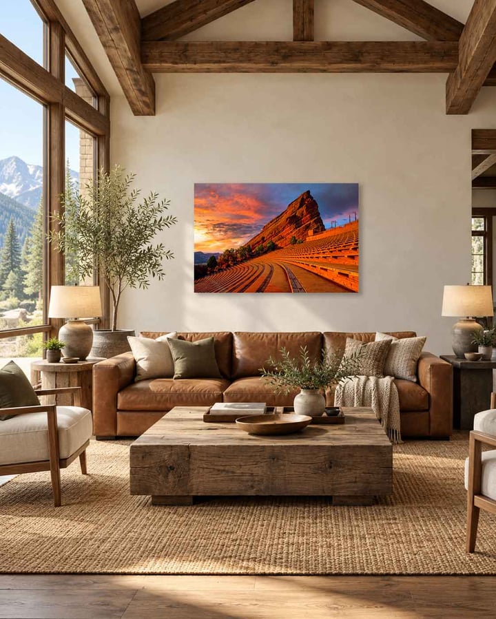 Soundcheck by Sherry Keene, Red Rocks Amphitheatre at sunrise, above a leather sofa in a mountain living room with timber beams. Shown at 45 x 30 inches.