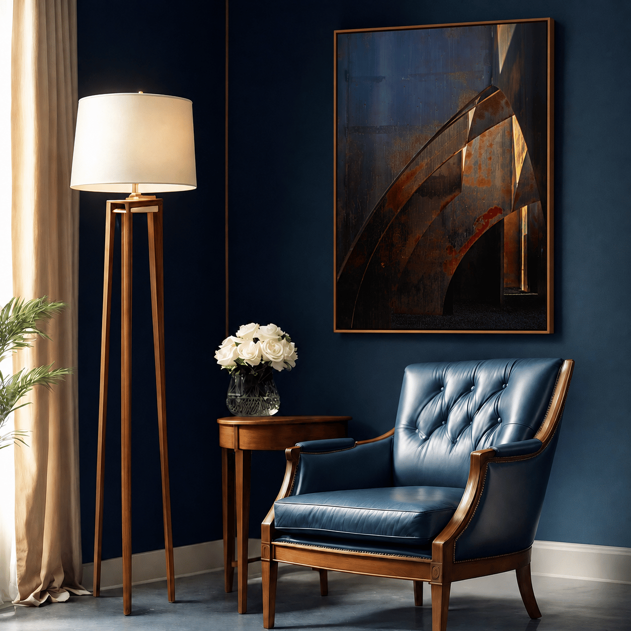 Cathedral framed in warm wood above a tufted blue leather armchair in a navy sitting room