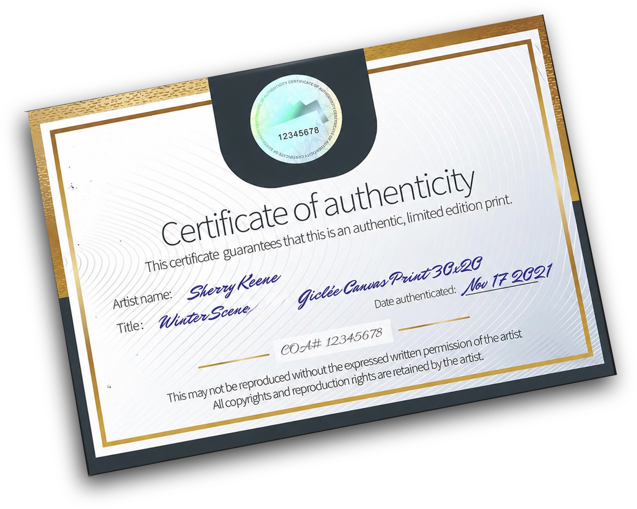 Certificate of Authenticity for a Sherry Keene limited edition fine art photograph, signed by the artist and numbered with a unique COA number and hologram seal, verifying an authentic human-made photographic print, not AI-generated.