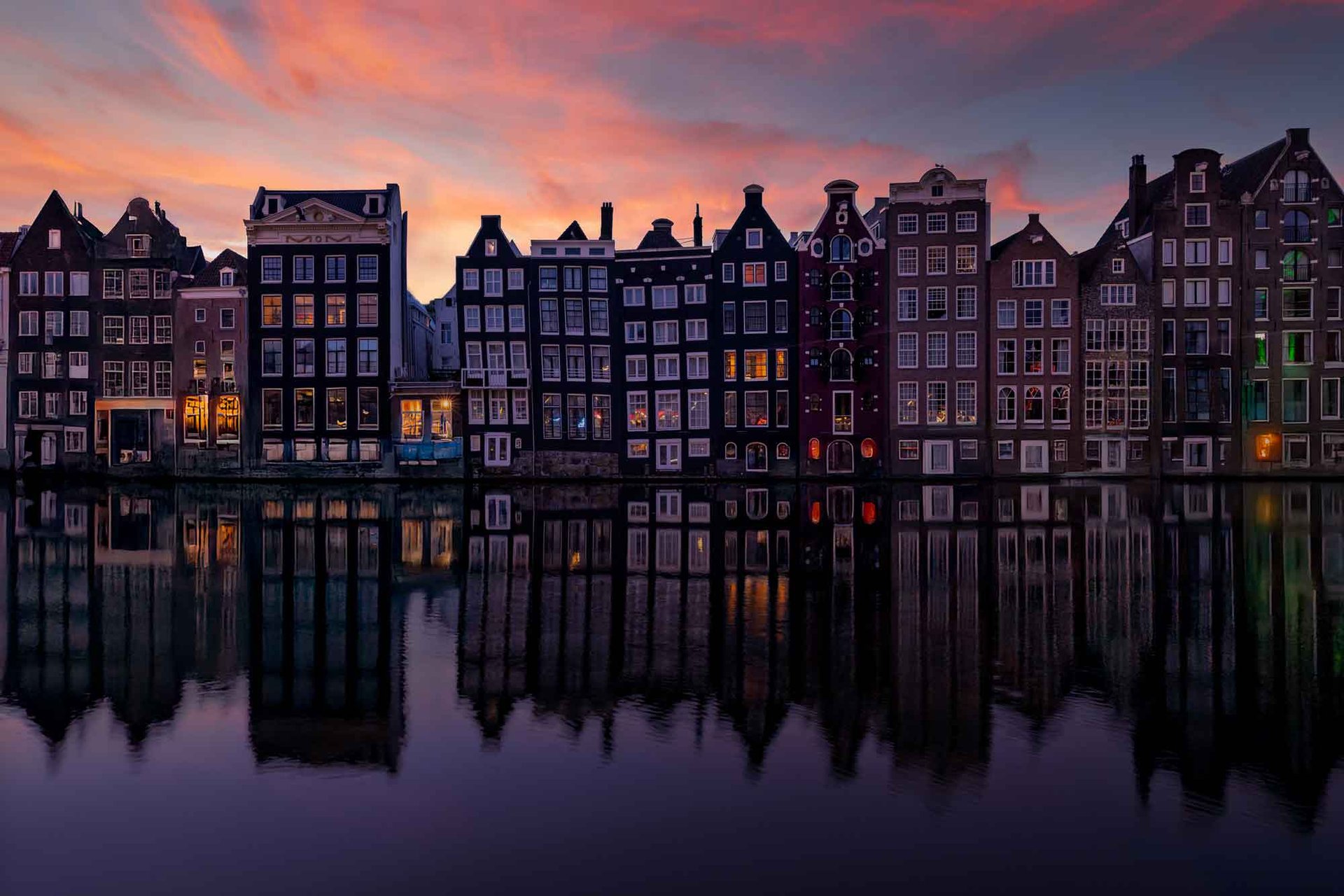 Amsterdam canal houses at twilight by Sherry Keene
