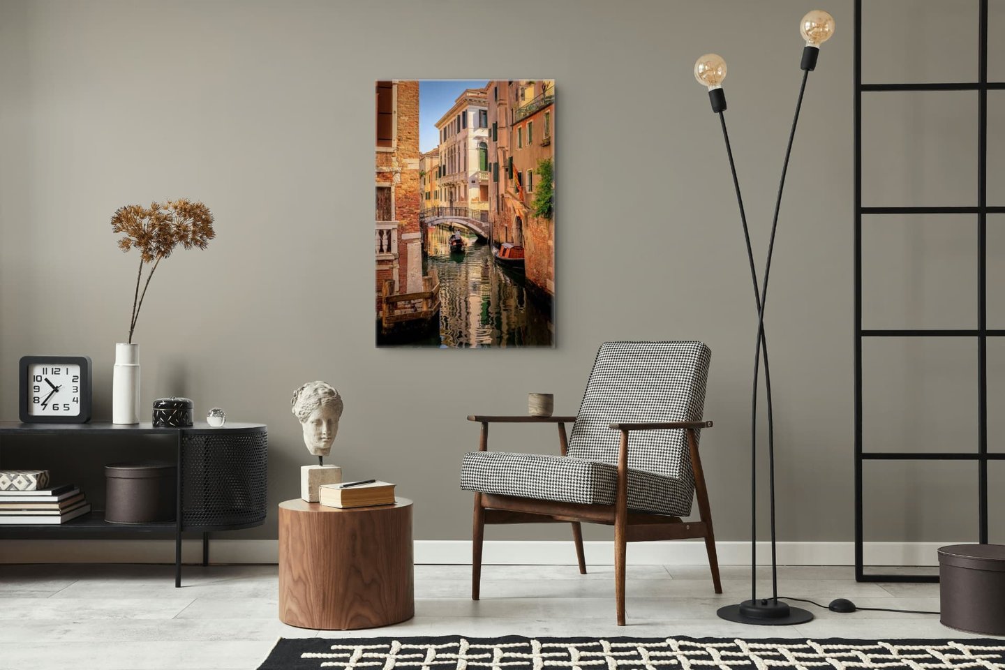 The Passage shown as a 30x45 fine art print in a modern living room with a houndstooth chair