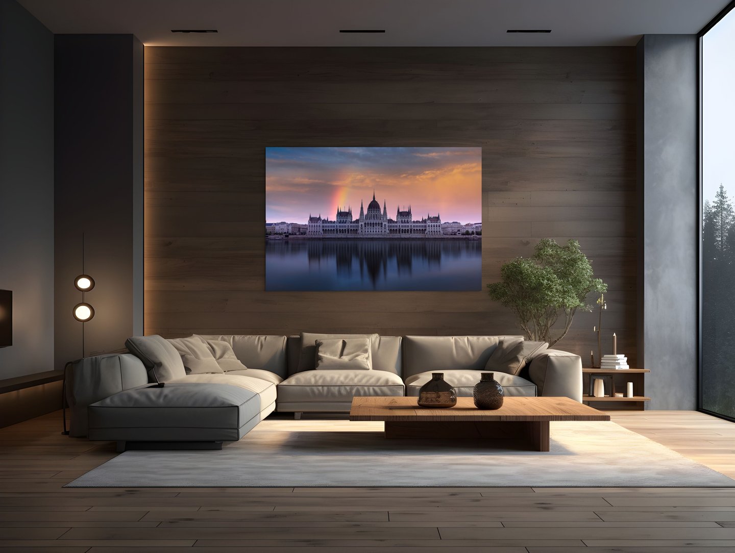 Danube Reverie by Sherry Keene shown as a 90-inch collector print of the Hungarian Parliament reflected in the Danube