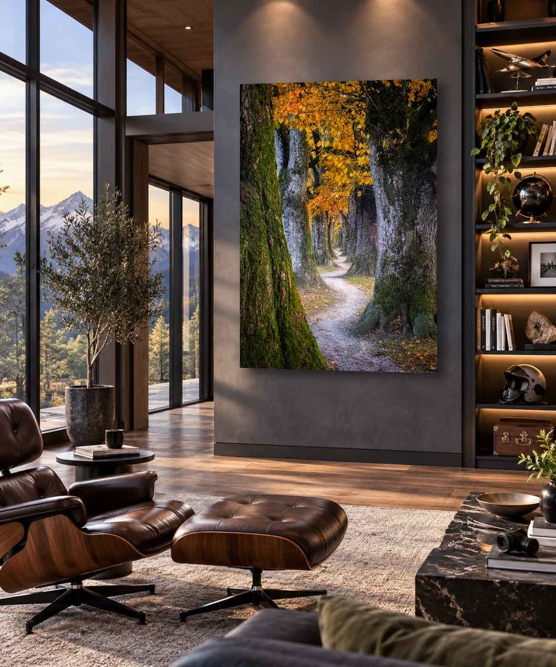 Threshold in a mountain modern living room with an Eames lounge chair and alpine views.