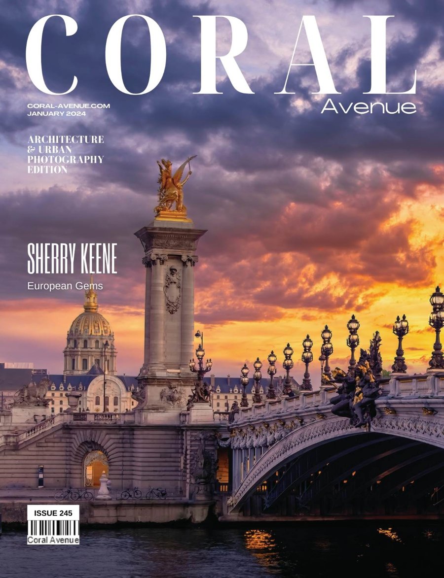 Coral Avenue Issue 245 front cover featuring Pont Alexandre III in Paris at sunset, photographed by Sherry Keene
