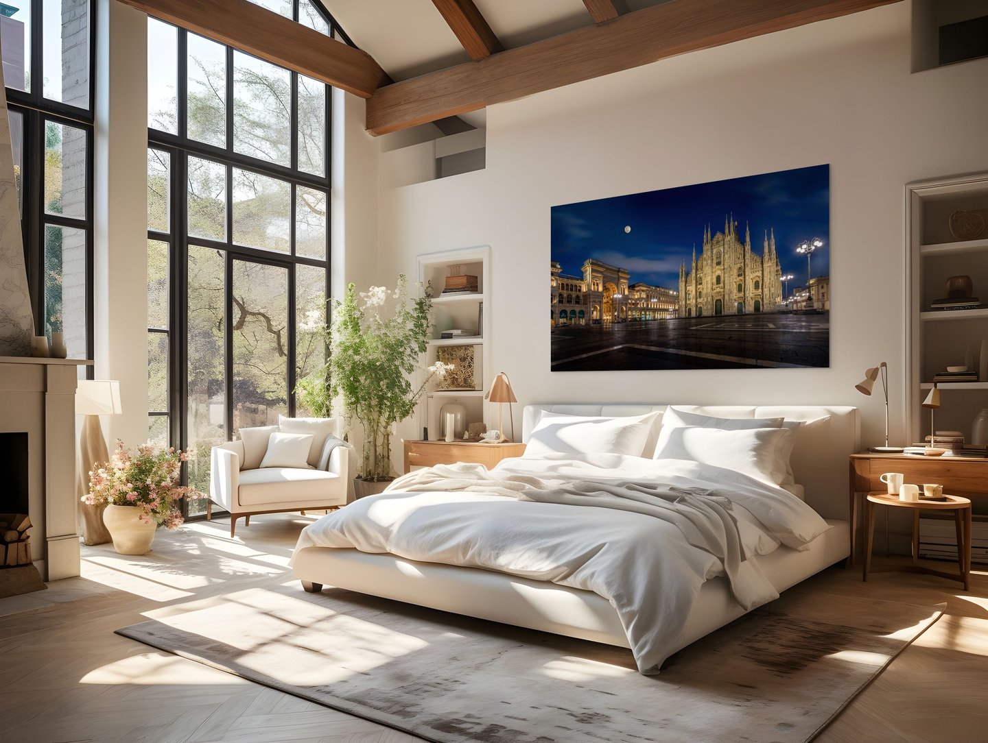 Milan Awaits, But Waits for No One shown as a 45 by 90 inch hero print in a collector interior