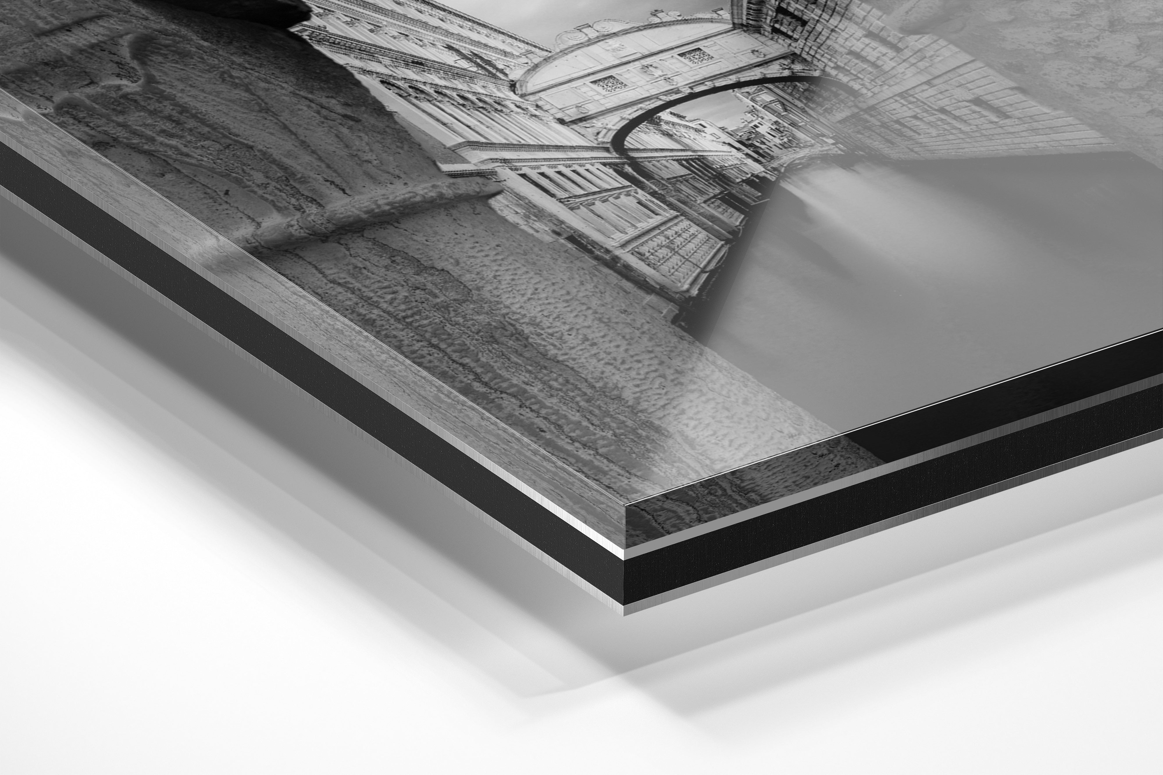 Close-up of Sherry Keene's black and white Bridge of Sighs fine art print mounted on aluminum Dibond with glossy acrylic glass, highlighting its museum-quality depth and modern edge.