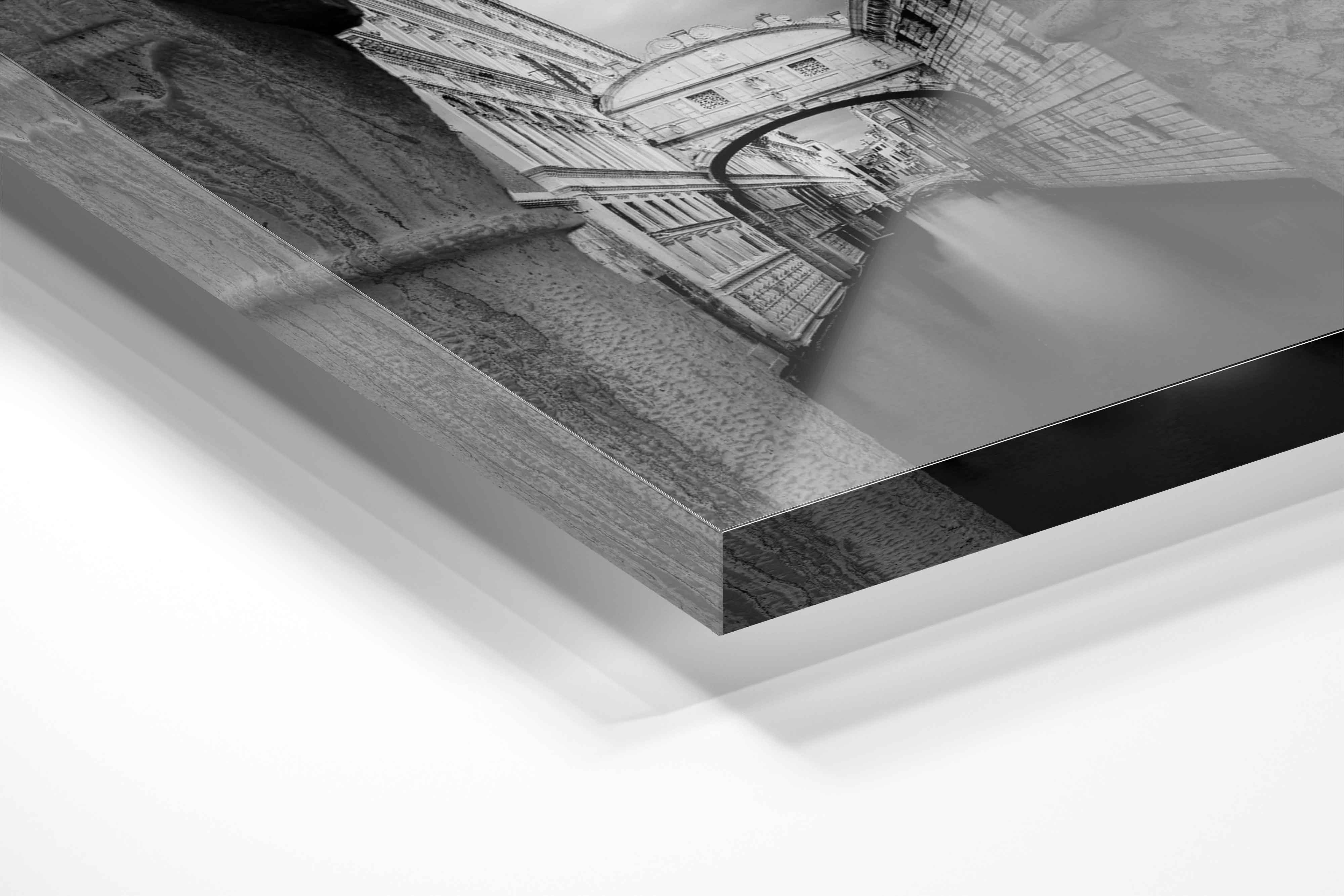 Close-up of limited edition black and white Bridge of Sighs photograph, printed under glossy acrylic glass with beveled edges and museum-grade depth.