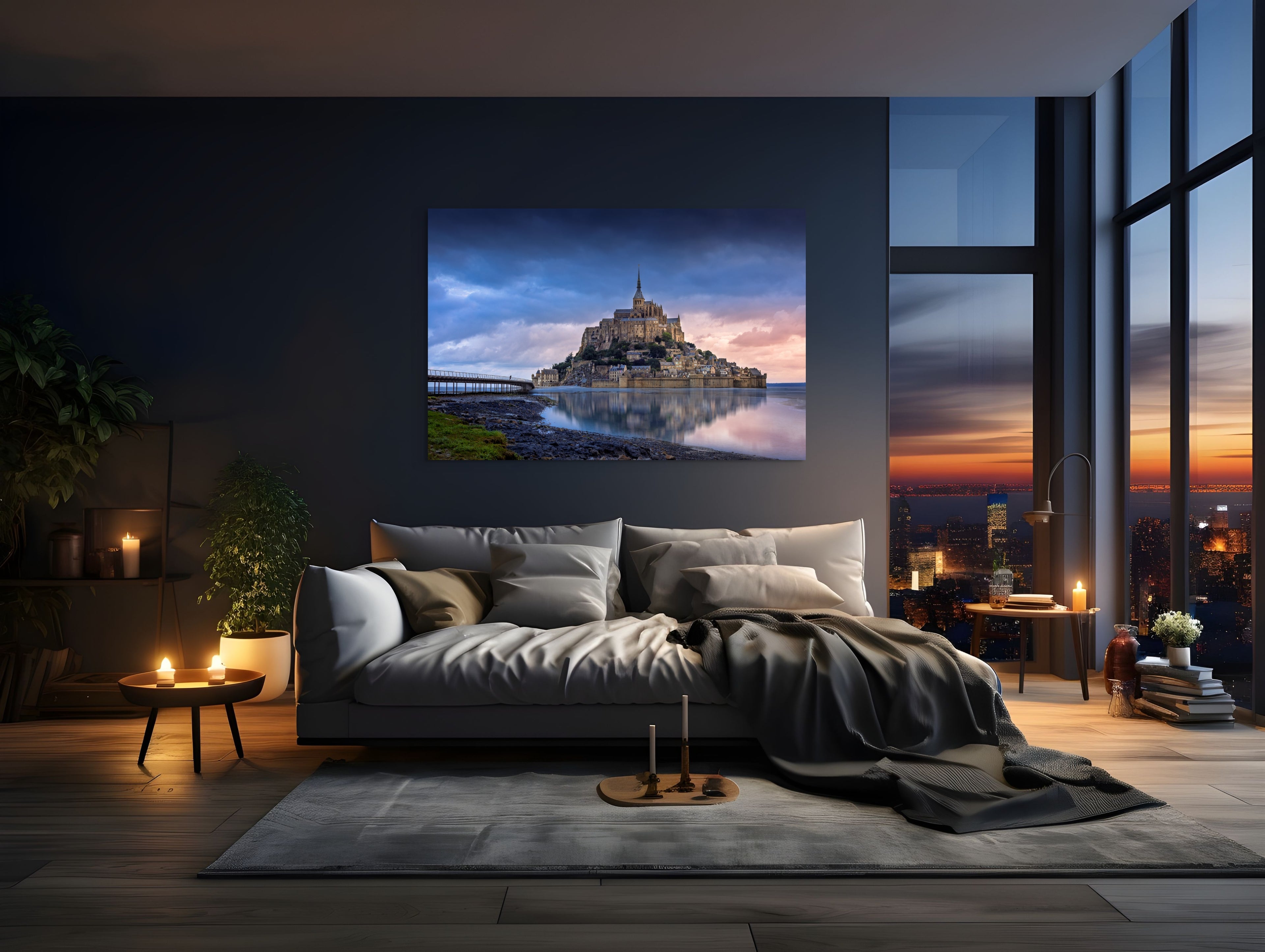 Large-format fine art print of Mont Saint-Michel at blue hour, displayed above a bed in a luxury high-rise bedroom with city lights glowing through floor-to-ceiling windows.