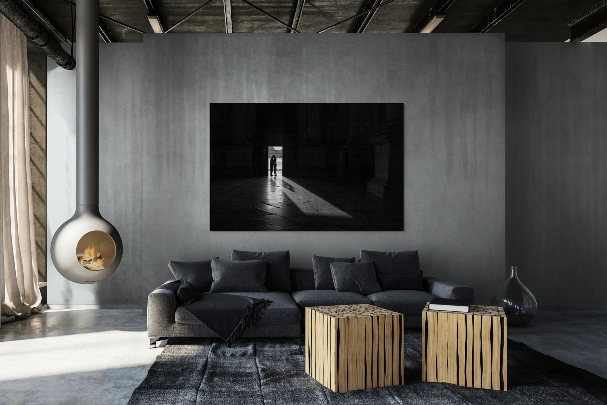 Dramatic 90-inch limited edition black and white print titled The Embrace by Sherry Keene—award-winning fine art photography capturing fleeting connection in a grand Venetian interior, now featured in a modern luxury living room.