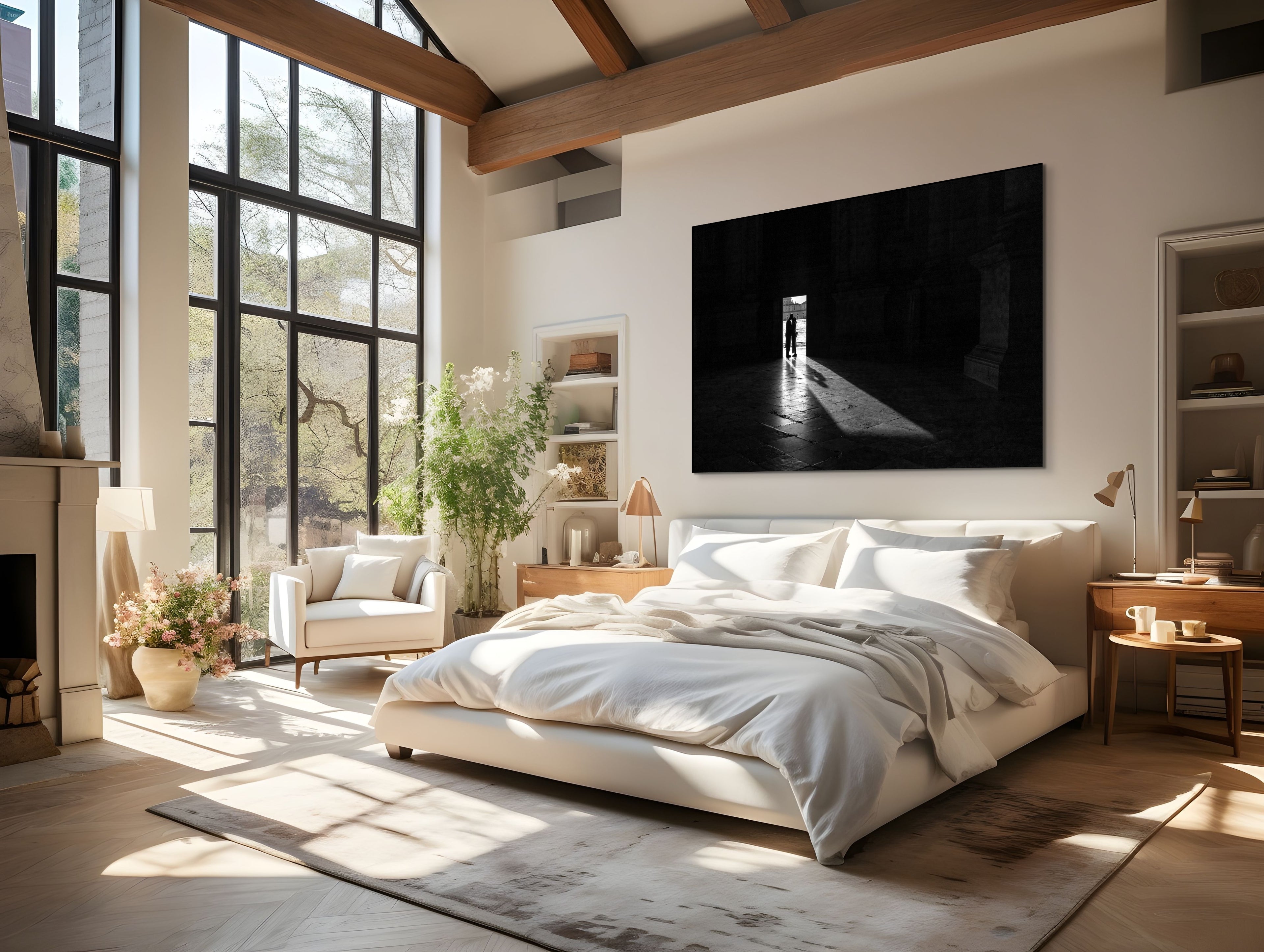 Monumental 90-inch fine art photograph Two Souls in Sacred Stillness by Sherry Keene, featured in a luxury loft bedroom with soaring windows and organic textures — where architectural light meets timeless intimacy