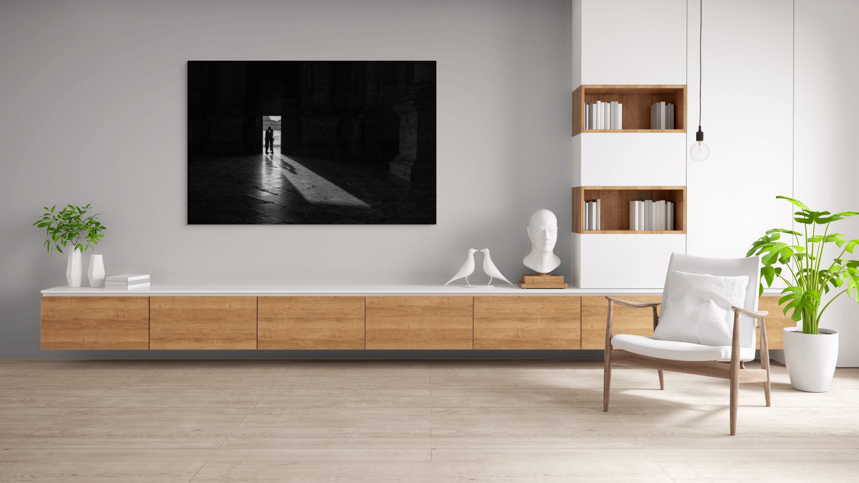 90-inch black and white wall art Two Souls in Sacred Stillness by Sherry Keene, Refocus Award Honorable Mention – moody fine art photograph of lovers in light at San Giorgio Maggiore, Venice, shown framed in a modern minimalist interior for premium collectors seeking meaningful work that stops time