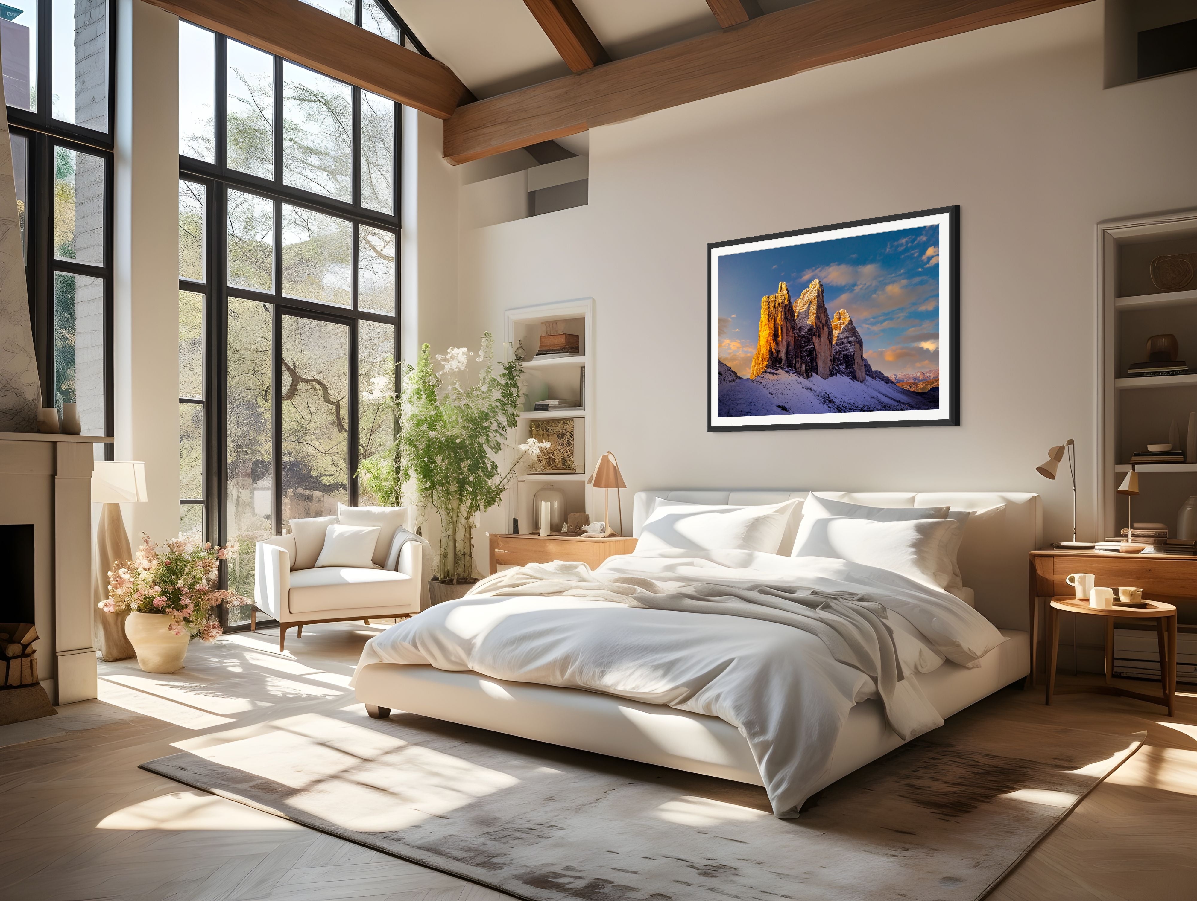 Cold Fire on Tre Cime” fine art landscape photograph by Sherry Keene displayed in a modern luxury bedroom with tall windows, warm wood tones, and soft natural light. Featuring the Tre Cime di Lavaredo (Drei Zinnen) peaks glowing in golden morning light after fresh snow. Perfect for collectors seeking large wall art, mountain photography, alpine fine art prints, or luxury bedroom wall decor. Museum-quality statement piece from KeeneFine.art.