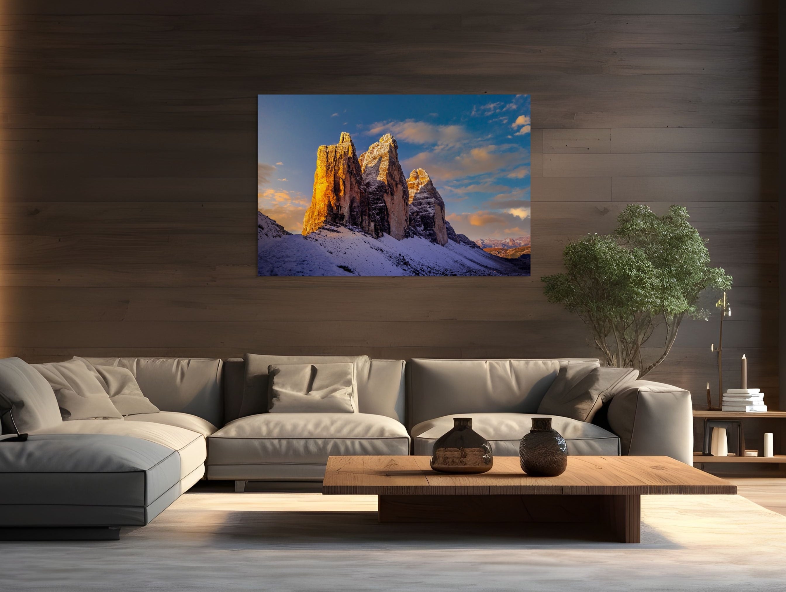 Fine art photograph “Cold Fire on Tre Cime” by Sherry Keene displayed in a modern luxury living room. Golden morning light ignites the snow-covered peaks of Tre Cime di Lavaredo (Drei Zinnen) in the Italian Dolomites, a museum-quality acrylic print designed for contemporary interiors and high-end collectors.