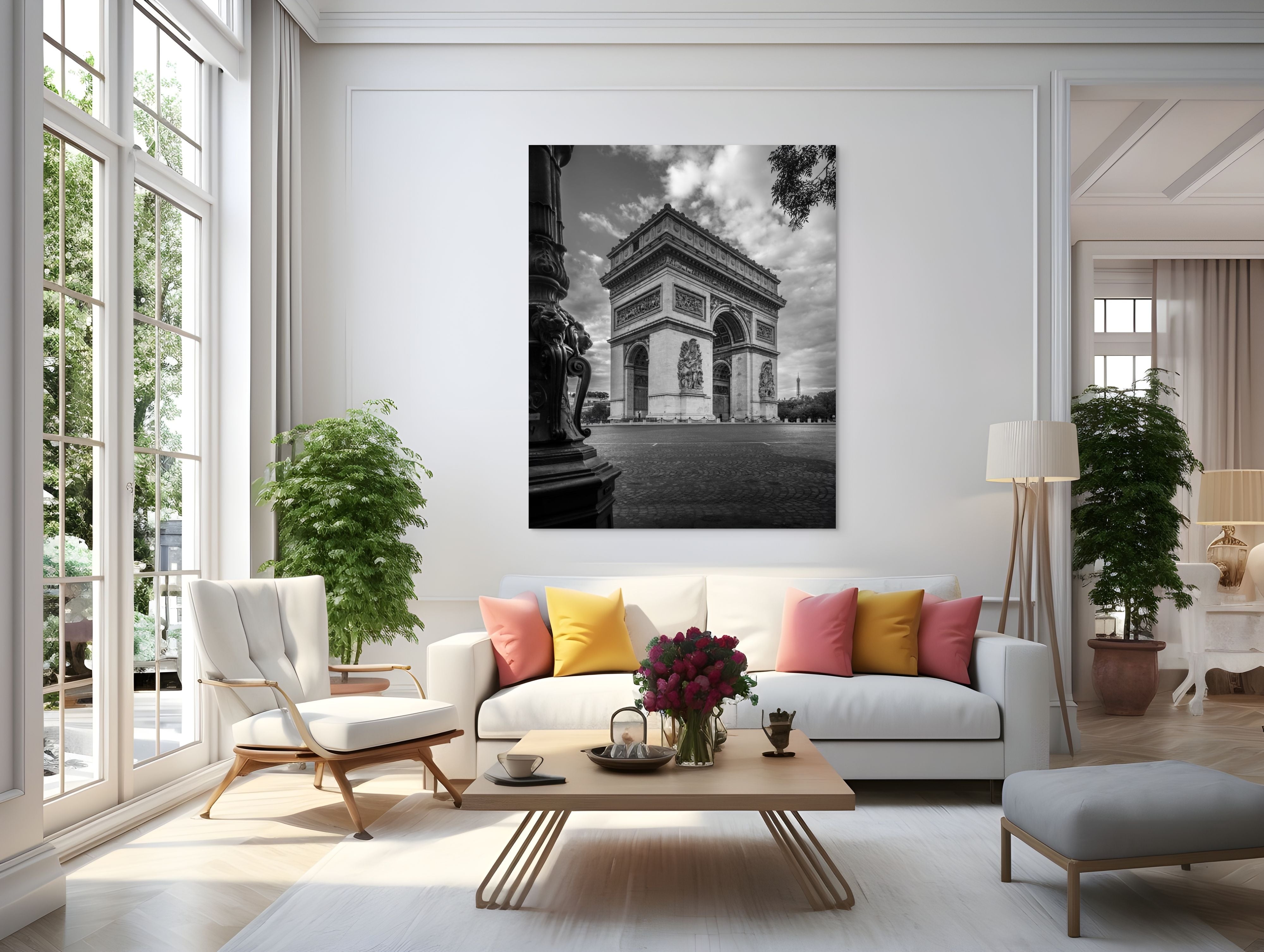 Large-format 90 inch black and white fine art photograph of the Arc de Triomphe with the Eiffel Tower in the background, displayed in an elegant Parisian bedroom. Captures timeless French architecture with emotional depth and museum-quality detail.