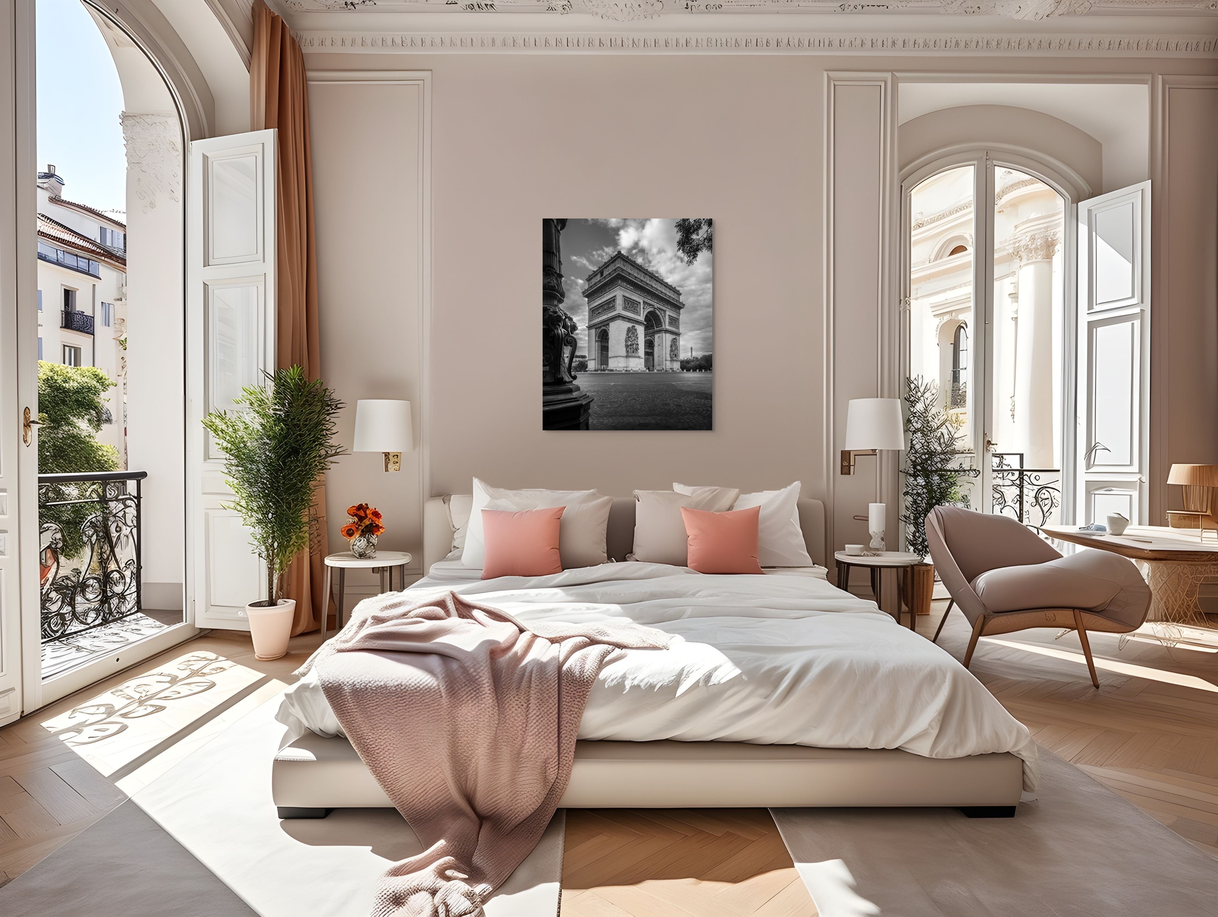 Large-format 60in black and white fine art photograph of the Arc de Triomphe with the Eiffel Tower in the background, displayed in an elegant Parisian bedroom. Captures timeless French architecture with emotional depth and museum-quality detail.