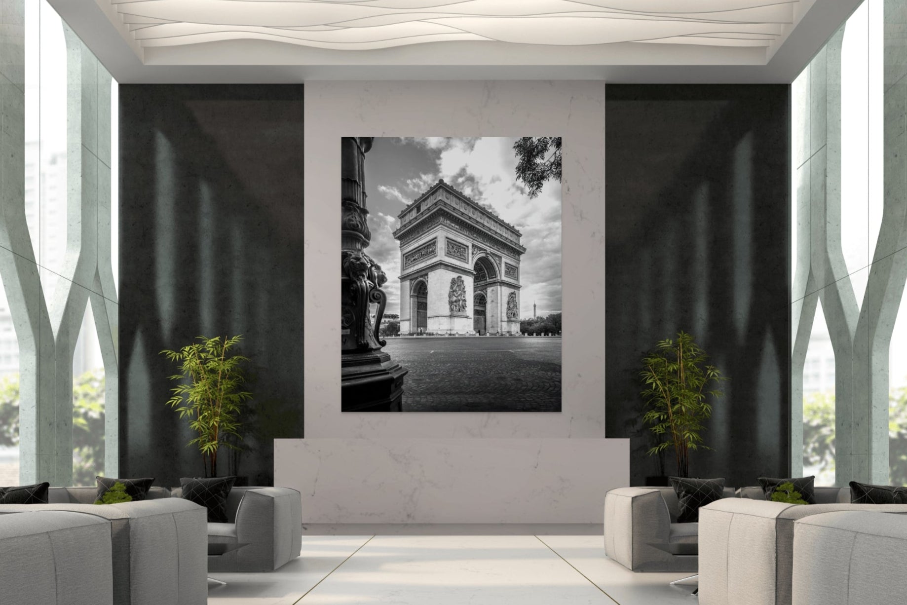 Large-format 90 in  black and white fine art photograph of the Arc de Triomphe with the Eiffel Tower in the background, displayed in an elegant Parisian bedroom. Captures timeless French architecture with emotional depth and museum-quality detail.