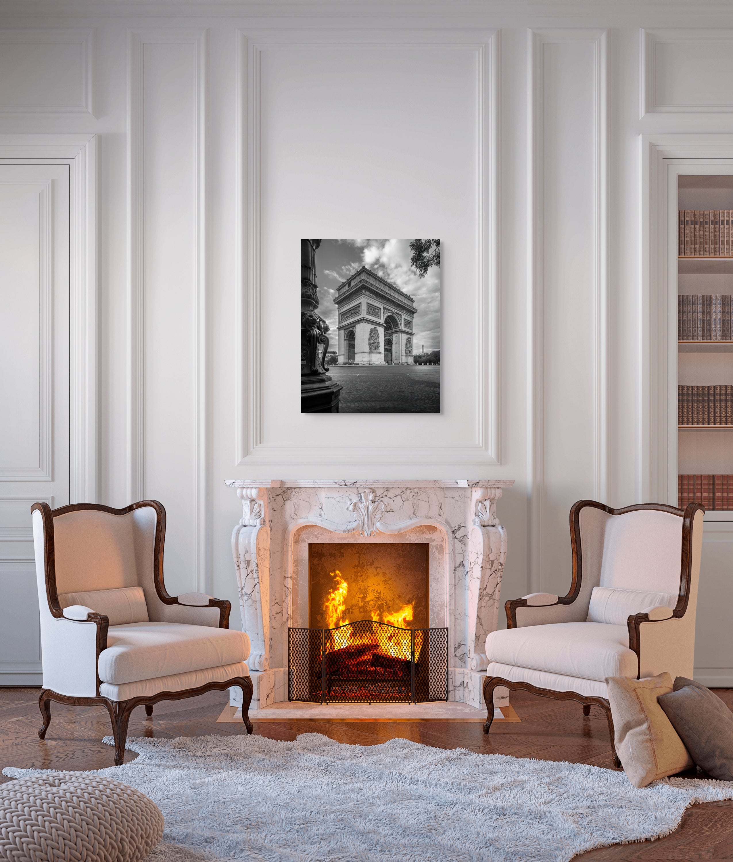 24x36 black and white fine art photograph of the Arc de Triomphe with the Eiffel Tower in the background, displayed in an elegant Parisian bedroom. Captures timeless French architecture with emotional depth and museum-quality detail.