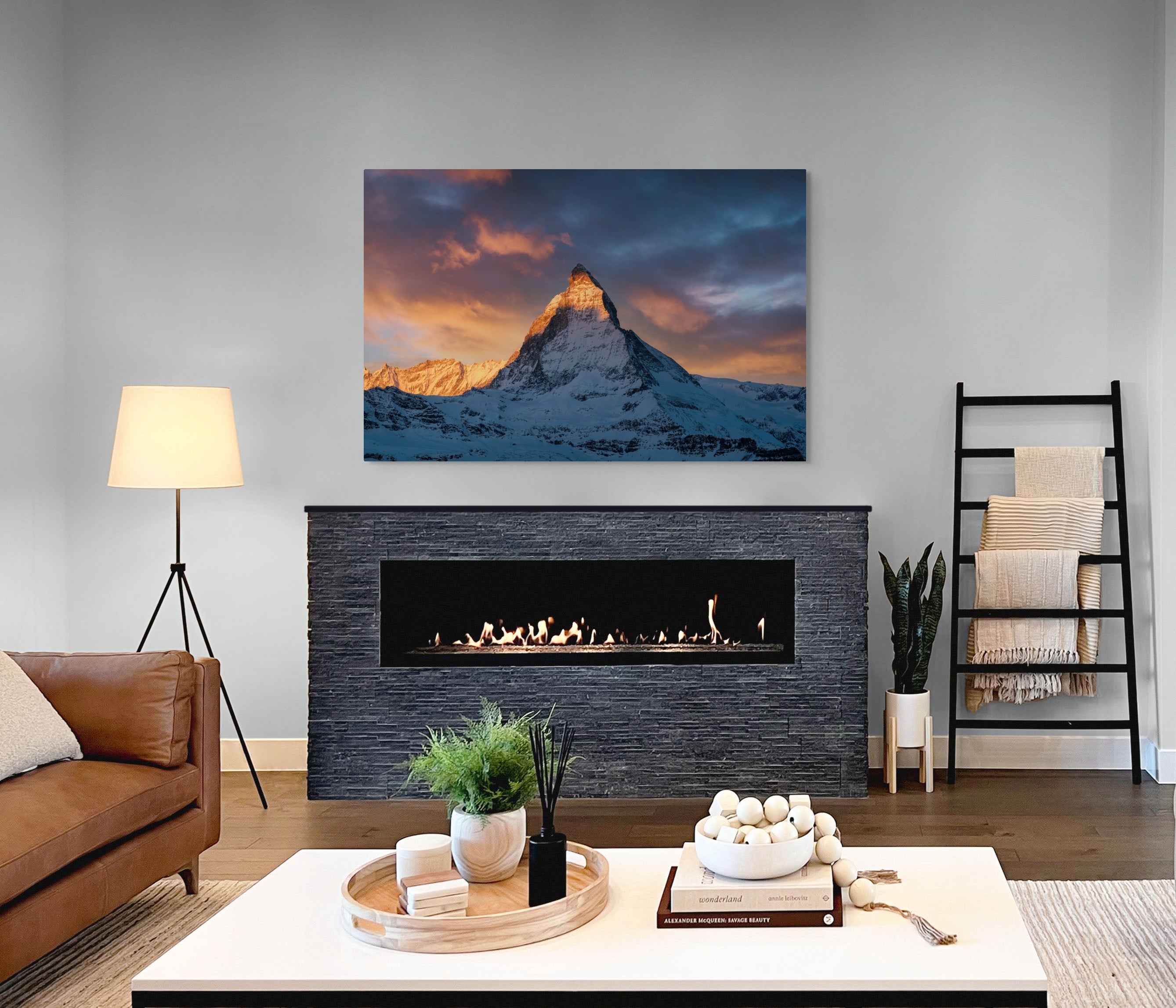 Luxury interior with large-format Matterhorn alpenglow fine art print, 60-inch, by Sherry Keene. A signature piece for thoughtfully designed living spaces.