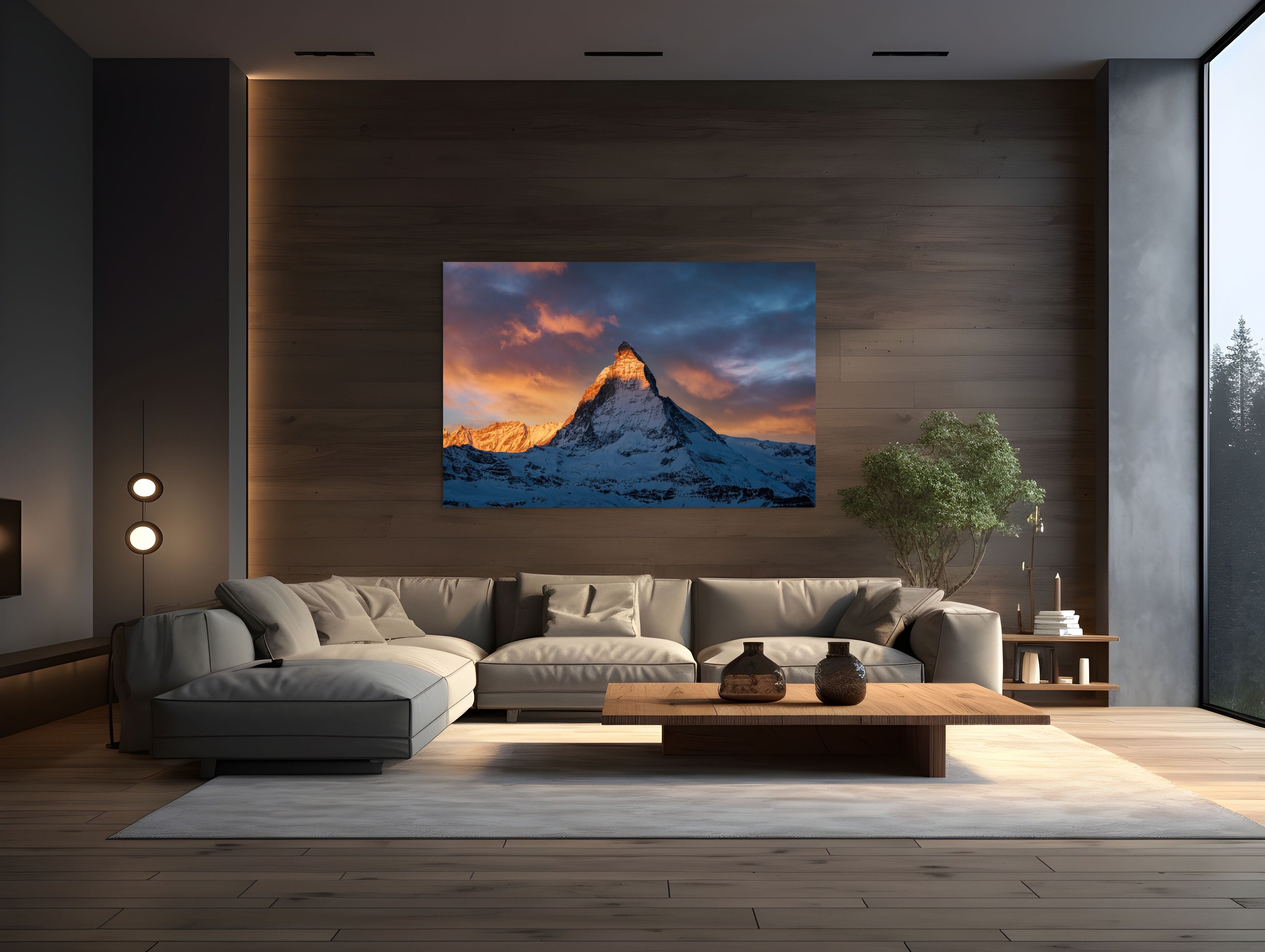 Museum-grade Matterhorn alpenglow print by Sherry Keene in luxury urban loft – 90-inch collector edition
