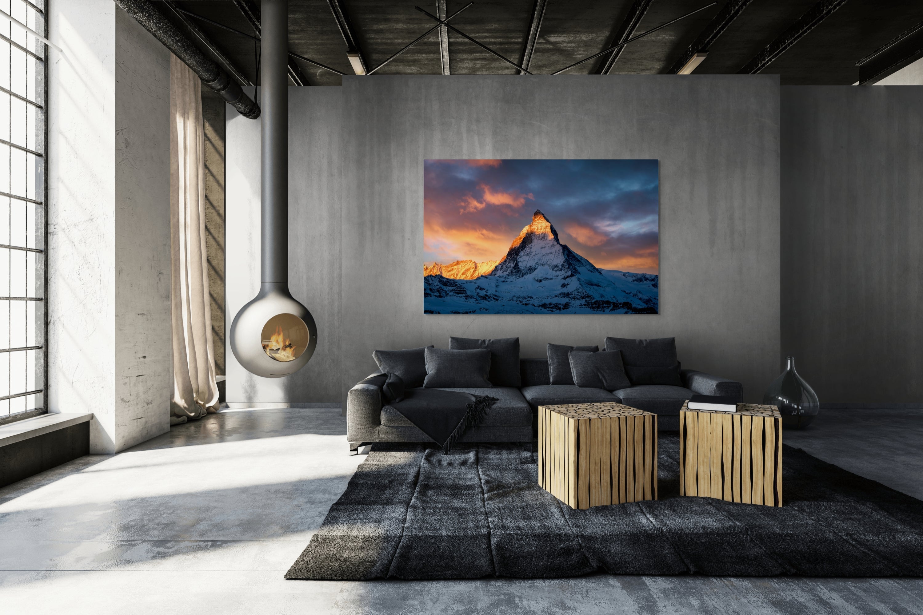 Fine art Matterhorn alpenglow over modern fireplace – curated 72" limited edition print by Sherry Keene
