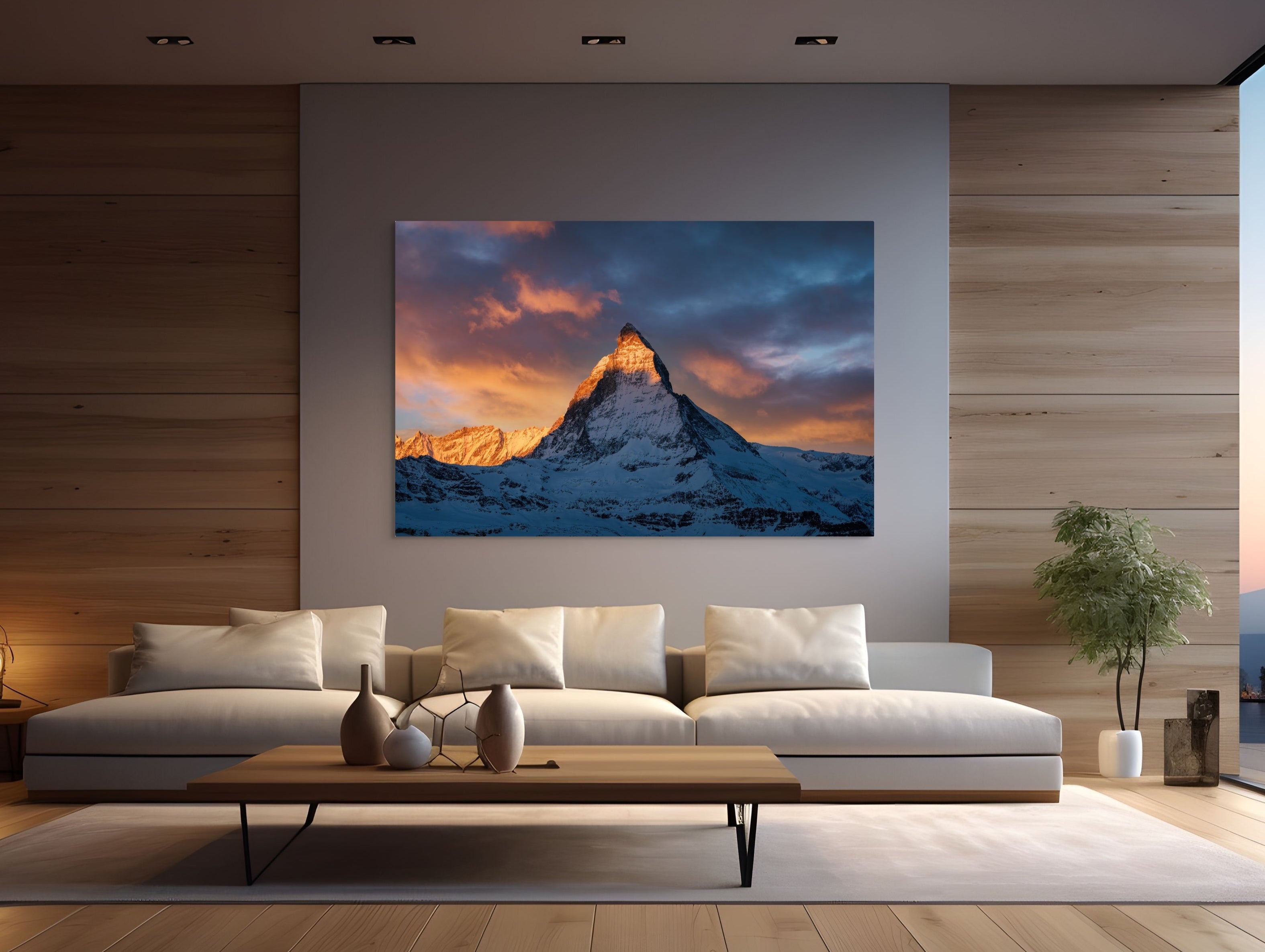 Museum-grade Matterhorn alpenglow print by Sherry Keene in luxury urban loft – 90-inch collector edition